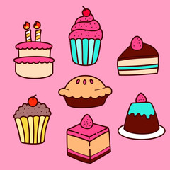 Set of cake vector illustration with colorful hand-drawn style on pink background