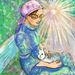 Fototapeta na wymiar Cute girl holding white rabbit. Happy pet owner digital illustration. Rabbit lover illustration.