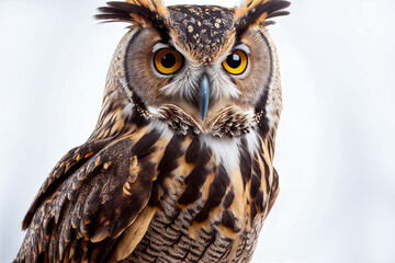 Portrait of a Great Horned Owl, isolated on a white background