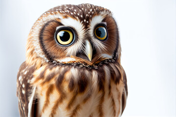 Portrait of a Northern Saw-whet Owl, isolated on white. Made with Generative AI Technology
