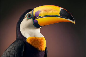 Portrait of a Toucan, isolated on a black background. Made with Generative AI Technology