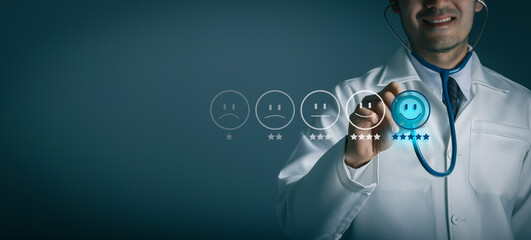 Doctor pressing smiley face emoticon on virtual touch screen. Patient and customer service...