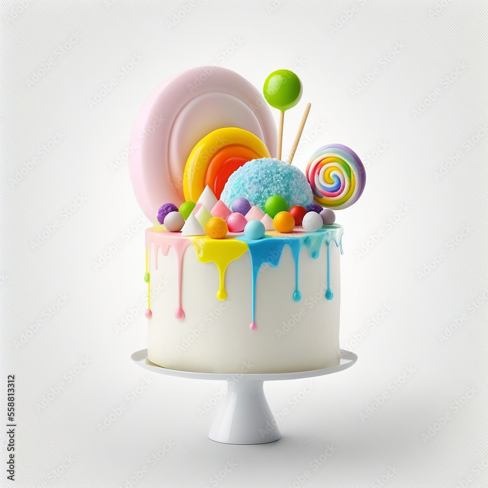 Wall mural candy covered birthday cake white background