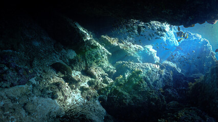 Plakat Underwater photo from a scuba dive inside a cave and tunnel with rays of light