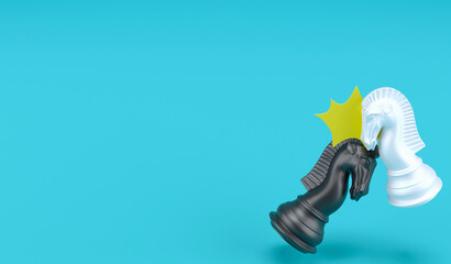 3D illustration black knight vs white knight on blue sky color background and copy space , 3D rendering chess piece and business competition concept