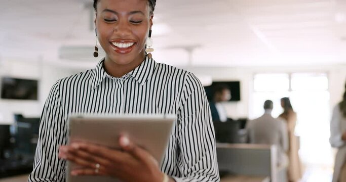 Tablet, Research And Design With A Business Black Woman At Work Using The Internet In Her Office. Creative, Innovation And Search With A Female Employee Working On Planning Or Strategy Online