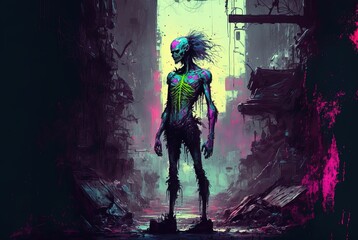 Obraz na płótnie Canvas Toxic undead cyberpunk zombie tainted with radiation poisoning prowling around decaying city ruins - Generative AI illustration.