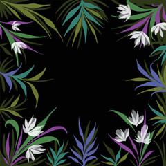 Elegant, trendy and moody dark background with floral botanical nature leaves decoration frame. Vector wallpaper background with empty copy space on the middle for social media post, poster, print.