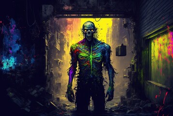 Fototapeta na wymiar Toxic undead cyberpunk zombie tainted with radiation poisoning prowling around decaying city ruins - Generative AI illustration.