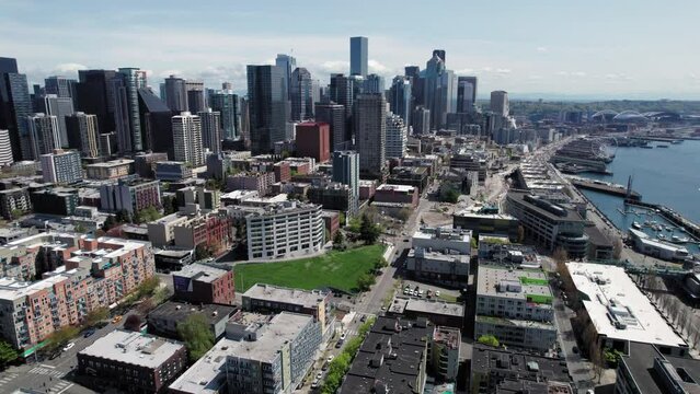 Seattle Waterfront Aerial View on Clear Sunny Day