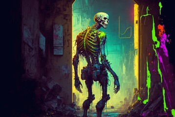 Fototapeta na wymiar Toxic undead cyberpunk zombie tainted with radiation poisoning prowling around decaying city ruins - Generative AI illustration.