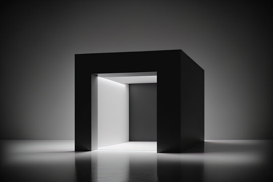minimalistic abstract luxury architecture background. a modern showroom. present day dark exhibition tunnel. Vacant gallery Table, stand. backlighting inside. and . Generative AI