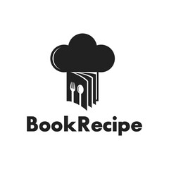 Chef book or food recipe vector logo template. This logo with spoon, fork people use chef hat.