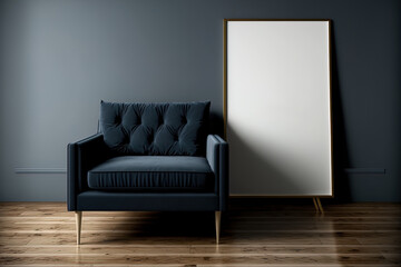 a mockup of blank white poster frames on a gray wall in a contemporary living room with a dark blue couch and a wooden floor, luxurious,. Generative AI