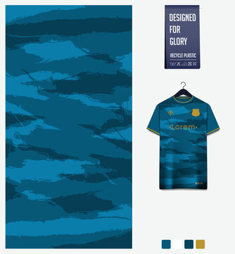Soccer jersey pattern design. Abstract pattern on blue background for soccer kit, football kit, sports uniform. T shirt mockup template. Fabric pattern. Abstract background. 