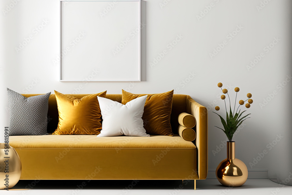 Wall mural Mockup of the inner wall of a living room with a velvet sofa, pillows, and a golden light against a white background. Generative AI