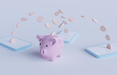 Coins transfer from phones to piggy bank, online income or receiving money from mobile banking concept, 3d render illustration.
