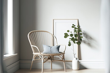 Mockup of a Scandinavian living area with a wooden chair against a blank white background and a simple style. Generative AI