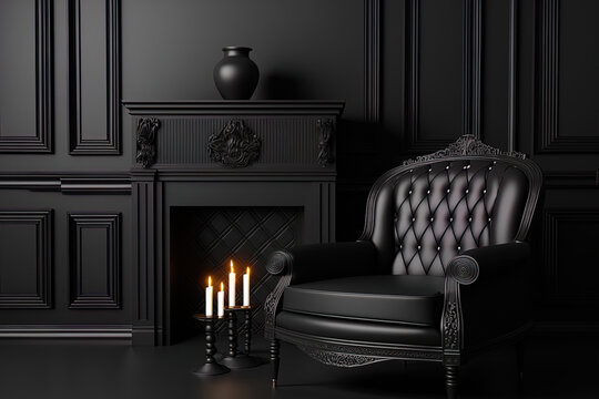 Interior in black with moldings, a fireplace, a candle, a floor light, a carpet, and a table. mockup for an illustration. Generative AI
