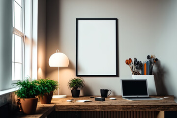 mock up poster with a background of a home's interior, a home office. Generative AI