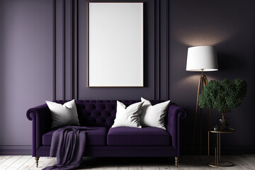 mock up poster with a trendy living room interior background in dark violet,. Generative AI