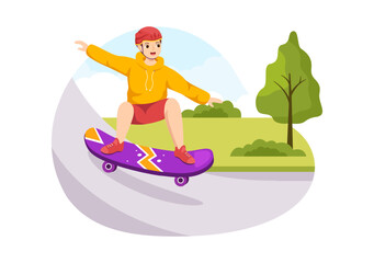 Skateboard Illustration with Skateboarders Jump using Board on Springboard in Skatepark in Extreme Sport Flat Style Cartoon Hand Drawn Templates