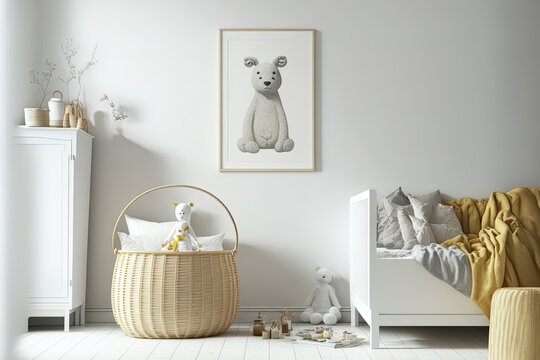 Modern kids' room with a blank white wall. interior mockup in the Scandinavian design. Free copy room for your poster or picture. toys, rattan basket, and bed. cozy space for children. Generative AI