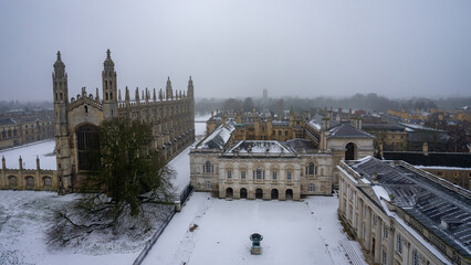 Panoramic views of King's College Chapel from Church of Great St Mary's Cambridge during winter...