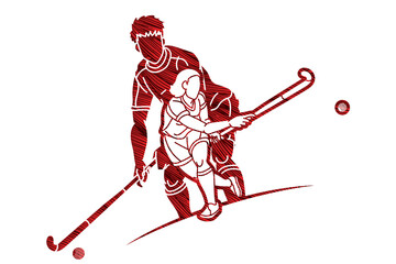 Group of Field Hockey Sport Male an Female Players Mix Action Cartoon Graphic Vector