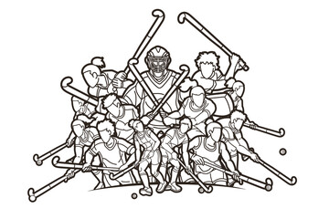 Group of Field Hockey Sport Male an Female Players Mix Action Cartoon Graphic Vector