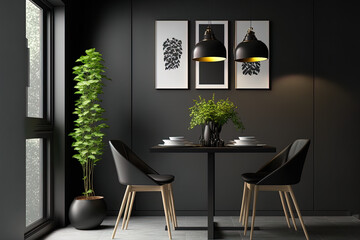 Modern dining area with black wall, black wooden furniture, and light ceramic floor tiles. Generative AI