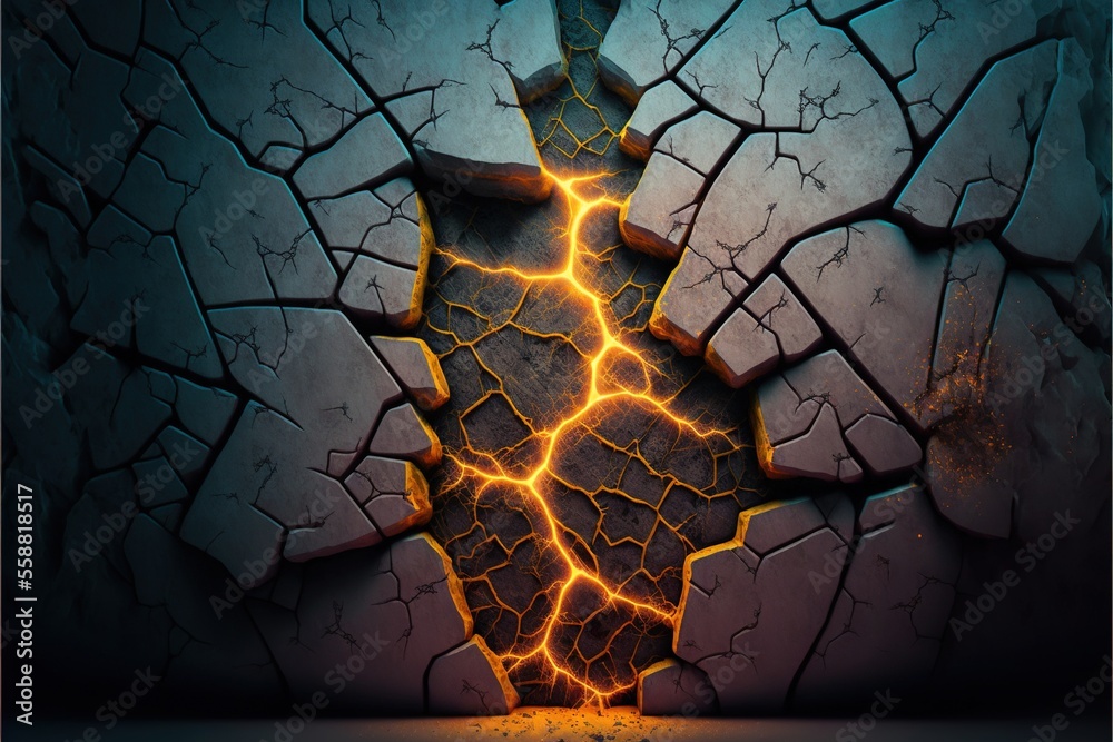 Poster  a cracked wall with a crack in it and lightning bolt coming out of it, with a blue background and a yellow light coming out of the crack in the center of the wall,. generative ai