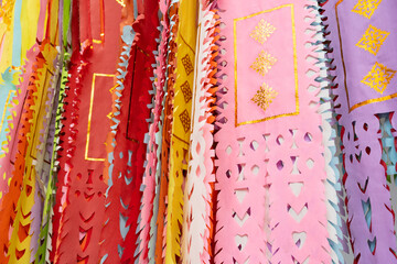Northern Thai style paper hanging. the Beautiful Lanna lamp lantern are northern Thai style lanterns in Loi Krathong or Yi Peng Festival at Wat Phra That Hariphunchai is a Buddhist temple.