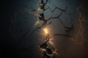  a cracked wall with a light shining through it and a crack in the wall behind it that shows a crack in the wall and a hand reaching for a light with a crack in the wall. Generative AI