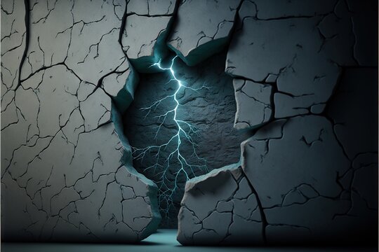  a cracked wall with a lightning bolt coming out of it and a crack in the wall is shown in the center of the photo, with a black background with a blue lightening effect.