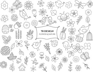 Flower leaf animal big set, doodle hand drawn outline
style, for printing,card, wedding,love, t shirt,banner,product.vector illustration