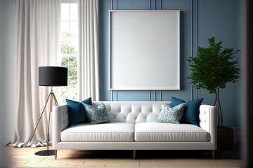 Large frame and mock up canvas in a living room with a white sofa. There are no humans present, only a blue wall and window treatments with parquet furniture. Generative AI