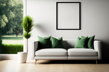 A sofa is featured on the mockup wall's contemporary home background. Generative AI