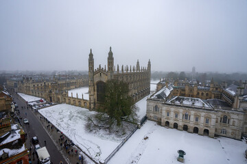King's College Cambridge , Constituent college of the University of Cambridge with King's College Chapel Front Court during winter snow at Cambridge , United Kingdom : 3 March 2018
