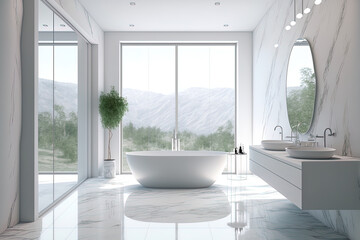 A contemporary bathroom with a white bathtub and double sinks, a wide panoramic window, and a minimalist marble and concrete interior. Generative AI - obrazy, fototapety, plakaty