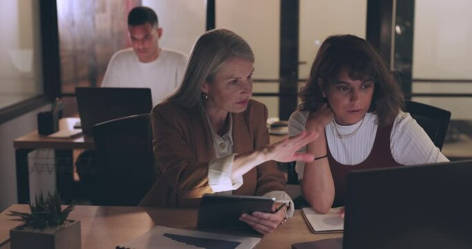 Laptop, tablet and business people teamwork on night project, digital finance portfolio or feedback review of stock market research. Financial economy, investment collaboration and trader trading nft