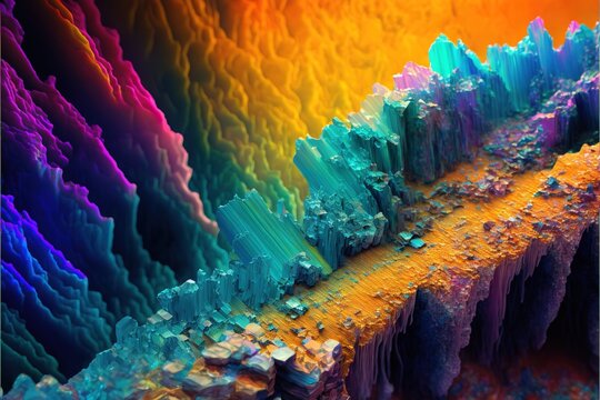  a colorful abstract painting with a rainbow colored line of rocks and rocks on the side of the mountain side and a yellow line on the side of the mountain side of the mountai Generative AI