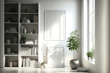 Front view of a light filled living room that is furnished with bookcases, a white wall, a concrete floor, a white empty poster, and dishes and books. Modern art and minimalist design idea. a mockup