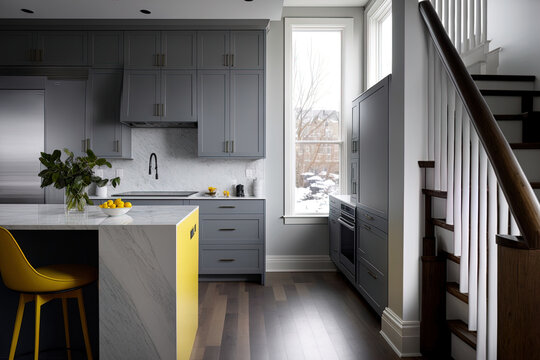 USA OAK PARK, IL DAY 1, NOVEMBER 2020 A Contemporary Kitchen With Dark Hardwood Floors, A Staircase, And Grey Cabinets. The White Granite Countertops Are Topped With A Bowl Of Lemons. Generative AI