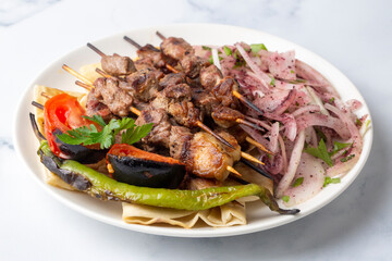 Traditional delicious Turkish foods; skewers cop sis