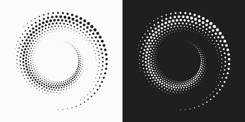 Halftone logo set. Circular dotted logo isolated on the white background. Garment fabric design. Halftone circle dots texture. Vector design element for various purposes.