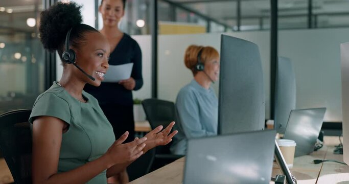 Leadership, black woman or manager in call center training, coaching or helping telemarketing sales agent. Customer service, management or team leader with support or advice for worker at office desk