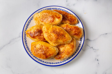 Turkish cuisine; Handmade Cheese spinach Pastry (Turkish name; peynirli - ispanakli pogaca)