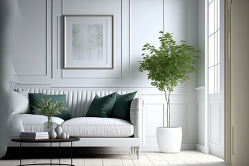 a white room with a couch and accent walls. Scandinavian style in decorating. Generative AI