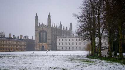 View of King's College Cambridge and King's College Chapel during winter snow at Cambridge , United...